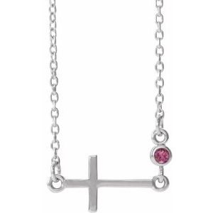 Sterling Silver Natural Pink Tourmaline Sideways Cross 16-18" Necklace