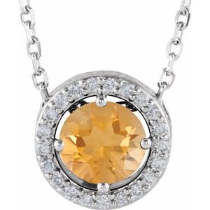 Platinum Natural Citrine & .05 CTW Natural Diamond Halo-Style 16" Necklace