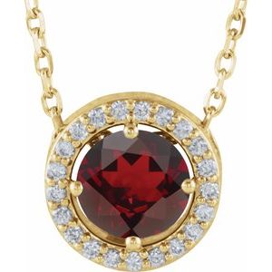 14K Yellow Natural Mozambique Garnet & .05 CTW Natural Diamond Halo-Style 16" Necklace