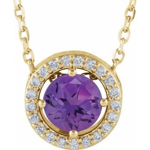 14K Yellow Natural Amethyst & .05 CTW Natural Diamond Halo-Style 16" Necklace