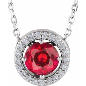 Sterling Silver Imitation Ruby & .05 CTW Natural Diamond Halo-Style 16" Necklace
