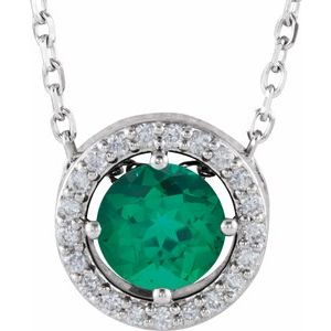 Platinum Lab-Grown Emerald & .05 CTW Natural Diamond Halo-Style 16" Necklace