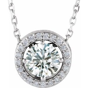 14K White Natural White Sapphire & .05 CTW Natural Diamond Halo-Style 16" Necklace
