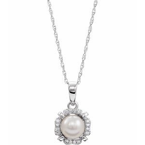 14K White Cultured White Freshwater Pearl & .04 CTW Natural Diamond 18" Necklace