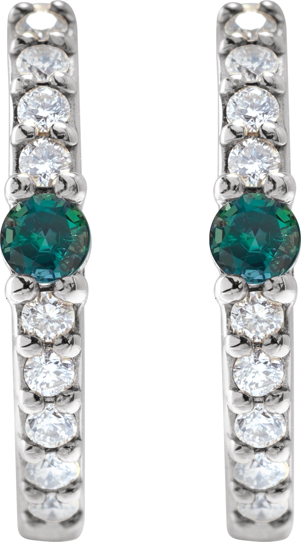 88567 / Earring / Set / Platinum / Natural Alexandrite / Round / 13.6 Mm / 2 Mm / 2Mm :: 1/8 Ctw / Si2-Si3, GH / Pair / Hinged / Polished / Natural Alexandrite And 1/8 Ctw Natural Diamond Huggie Earrings