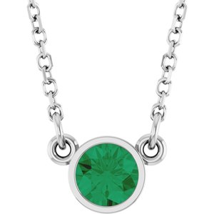 Rhodium-Plated Sterling Silver Imitation Emerald Solitaire 16" Necklace