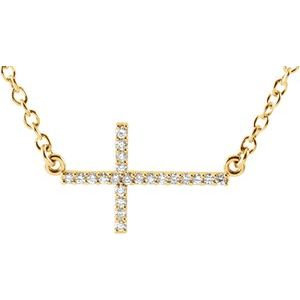 14K Yellow 1/10 CTW Natural Diamond Sideways Cross 16-18" Necklace