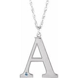 Rhodium-Plated Sterling Silver Engravable Imitation Aquamarine Initial A 18" Necklace