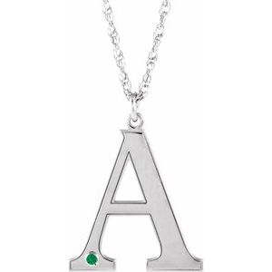 10K White Engravable Imitation Emerald Initial A 18" Necklace