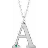 Rhodium-Plated Sterling Silver Engravable Imitation Emerald Initial A 18" Necklace