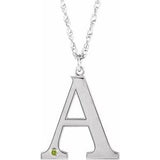 Rhodium-Plated Sterling Silver Engravable Imitation Peridot Initial A 18" Necklace