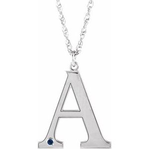 14K White Engravable Imitation Blue Sapphire Initial A 18" Necklace