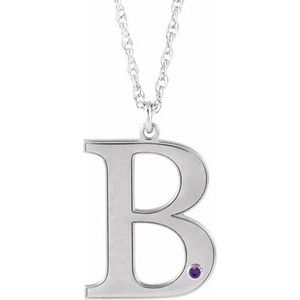 Rhodium-Plated Sterling Silver Engravable Imitation Amethyst Initial B 18" Necklace