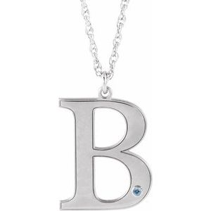 14K White Engravable Imitation Aquamarine Initial B 18" Necklace