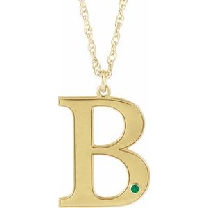 14K Yellow Engravable Imitation Emerald Initial B 18" Necklace