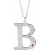 Rhodium-Plated Sterling Silver Engravable Imitation Ruby Initial B 18" Necklace