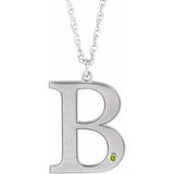 14K White Engravable Imitation Peridot Initial B 18" Necklace
