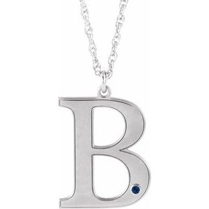Rhodium-Plated Sterling Silver Engravable Imitation Blue Sapphire Initial B 18" Necklace