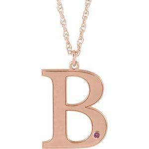 14K Rose Gold-Plated Sterling Silver Engravable Imitation Pink Tourmaline Initial B 18" Necklace
