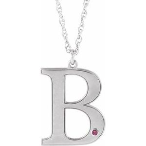 14K White Engravable Imitation Pink Tourmaline Initial B 18" Necklace
