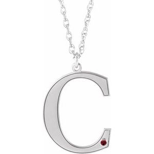 Rhodium-Plated Sterling Silver Engravable Imitation Mozambique Garnet Initial C 18" Necklace