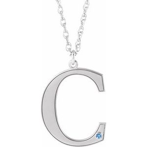 Rhodium-Plated Sterling Silver Engravable Imitation Aquamarine Initial C 18" Necklace