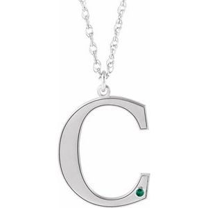 10K White Engravable Imitation Emerald Initial C 18" Necklace