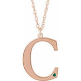 14K Rose Engravable Imitation Emerald Initial C 18" Necklace