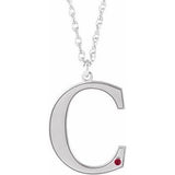 Rhodium-Plated Sterling Silver Engravable Imitation Ruby Initial C 18" Necklace