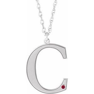 Rhodium-Plated Sterling Silver Engravable Imitation Ruby Initial C 18" Necklace