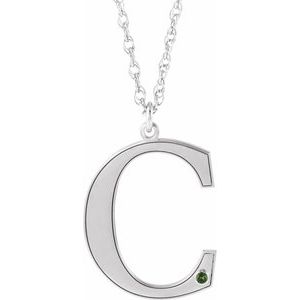 Rhodium-Plated Sterling Silver Engravable Imitation Peridot Initial C 18" Necklace