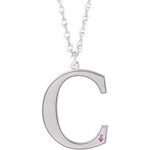 Rhodium-Plated Sterling Silver Engravable Imitation Pink Tourmaline Initial C 18" Necklace