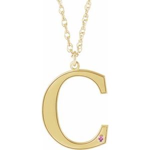 10K Yellow Engravable Imitation Pink Tourmaline Initial C 18" Necklace
