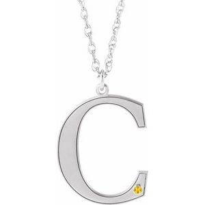 Rhodium-Plated Sterling Silver Engravable Imitation Citrine Initial C 18" Necklace
