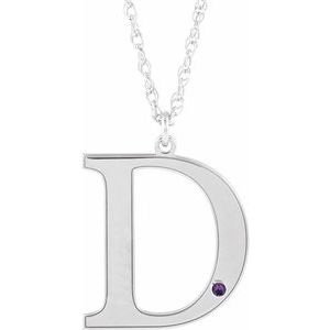 Rhodium-Plated Sterling Silver Engravable Imitation Amethyst Initial D 18" Necklace