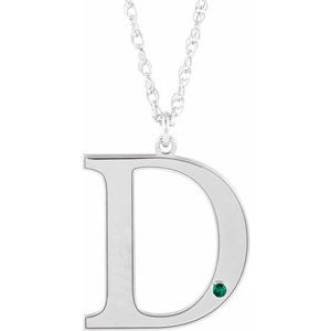 Rhodium-Plated Sterling Silver Engravable Imitation Emerald Initial D 18" Necklace