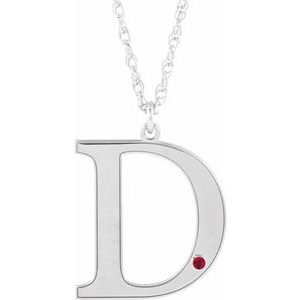 Rhodium-Plated Sterling Silver Engravable Imitation Ruby Initial D 18" Necklace