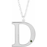 Rhodium-Plated Sterling Silver Engravable Imitation Peridot Initial D 18" Necklace