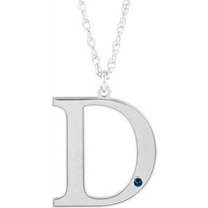 Rhodium-Plated Sterling Silver Engravable Imitation Blue Sapphire Initial D 18" Necklace
