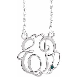 Rhodium-Plated Sterling Silver 20 mm 2-Initials Imitation Alexandrite Script Monogram 18" Necklace
