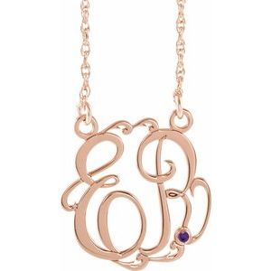 14K Rose 20 mm 2-Initials Imitation Amethyst Script Monogram 18" Necklace