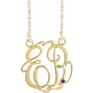 14K Yellow Gold-Plated Sterling Silver 20 mm 2-Initials Imitation Amethyst Script Monogram 18" Necklace