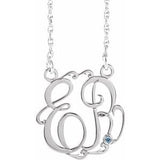 Rhodium-Plated Sterling Silver 20 mm 2-Initials Imitation Aquamarine Script Monogram 18" Necklace