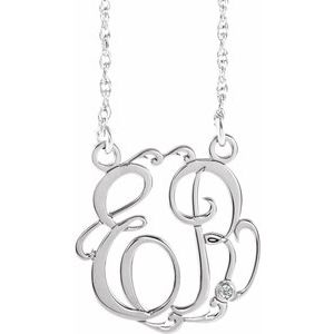 Rhodium-Plated Sterling Silver 20 mm 2 Initials .02 CT Natural Diamond Script Monogram 18" Necklace