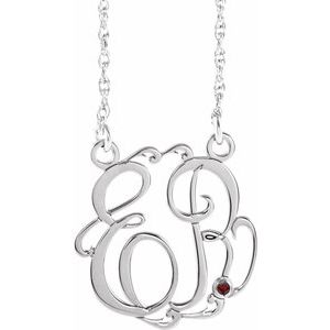 Rhodium-Plated Sterling Silver 20 mm 2-Initials Imitation Mozambique Garnet Script Monogram 18" Necklace