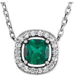 14K White Lab-Grown Emerald & .05 CTW Natural Diamond 16" Necklace