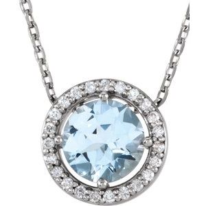 Sterling Silver Imitation Blue Zircon & .05 CTW Natural Diamond Halo-Style 16" Necklace