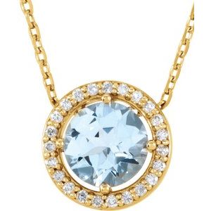 14K Yellow Natural Blue Zircon & .05 CTW Natural Diamond Halo-Style 16" Necklace