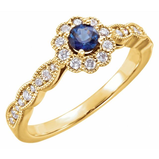 14K Yellow Round Natural Blue Sapphire 1/4 CTW Natural Diamond Halo-Style Ring