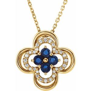 14K Yellow Lab-Grown Blue Sapphire & .08 CTW Natural Diamond Clover 18" Necklace